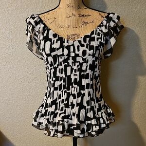 Essentials by Milano Black and White Ruffled Peplum Blouse